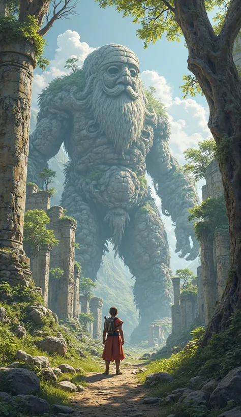 Jack Discovering the Giants' World – Jack steps onto a giant’s land, where everything is oversized—massive trees, giant footprints, and colossal stone ruins.