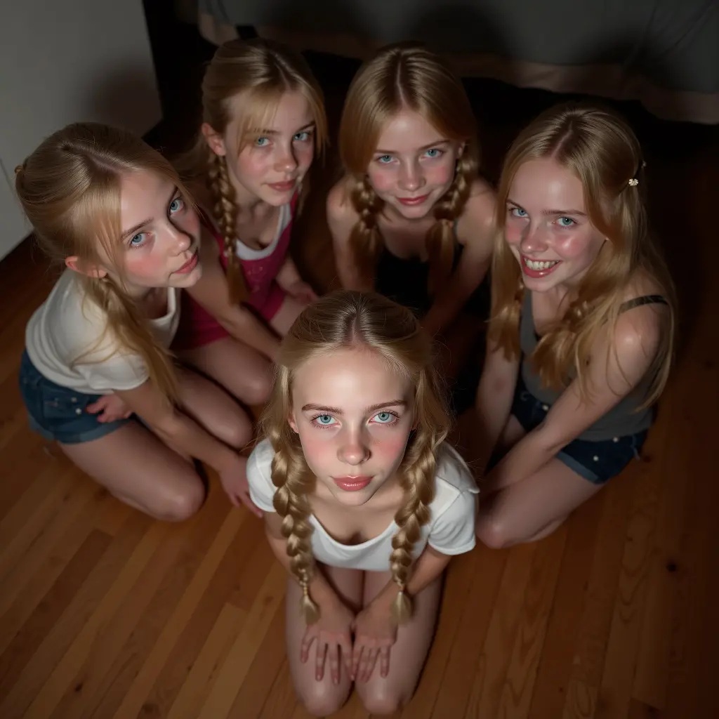 Very realistic photo of 5 very young girls naked ,  long blonde hair,    3 girls have long braids   , Different hairstyles,    short and small blouses and miniskirt   ,   titted detailed face ,    big and beautiful blue eyes    ,  kneeling on the hardwood ...