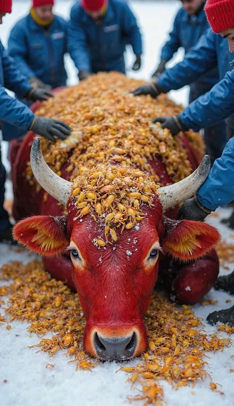 "A close-up view of a red cow with horns lying in a snowy area, covered with over 222 small yellow-colored crabs. Six workers in blue uniforms are using brushes to remove the crabs from the cow's body."