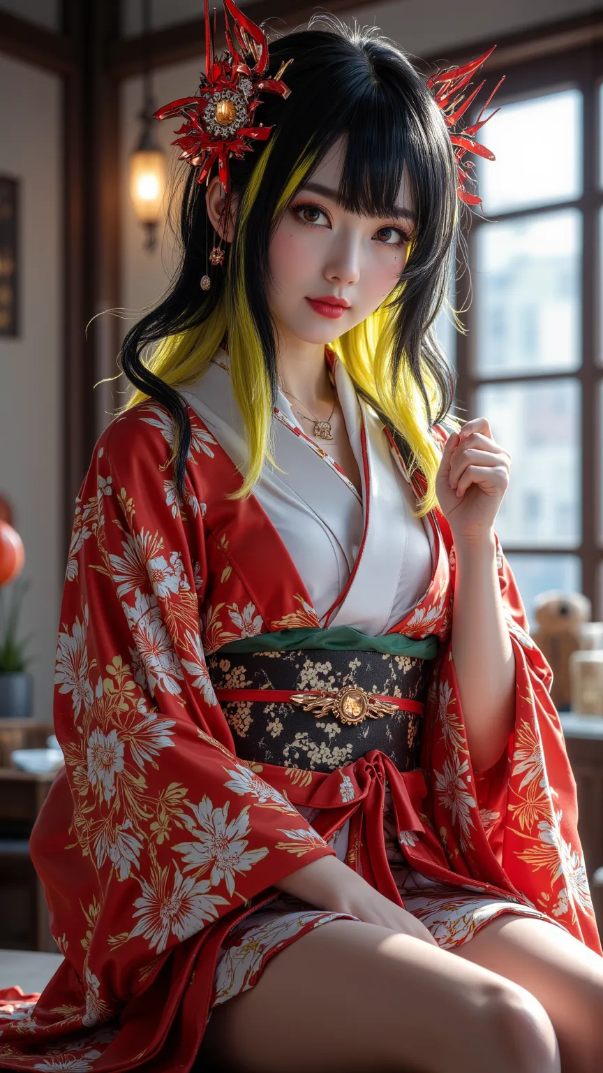 An adult Seeborg woman showing elegance and charm，has striking brown eyes and diamond-shaped pupils，Wearing a short kimono，accentuates her slim waist and long lashes。Her black hair and yellow highlights give her a unique look。