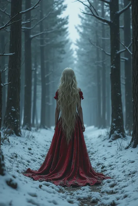 Digital style. A forest, snowy dark and eerily silent. In the middle of its path stood a girl, her long blonde hair was disheveled, reaching her back. She's facing the forest and her back facing the viewer. Her royal dress was damaged.