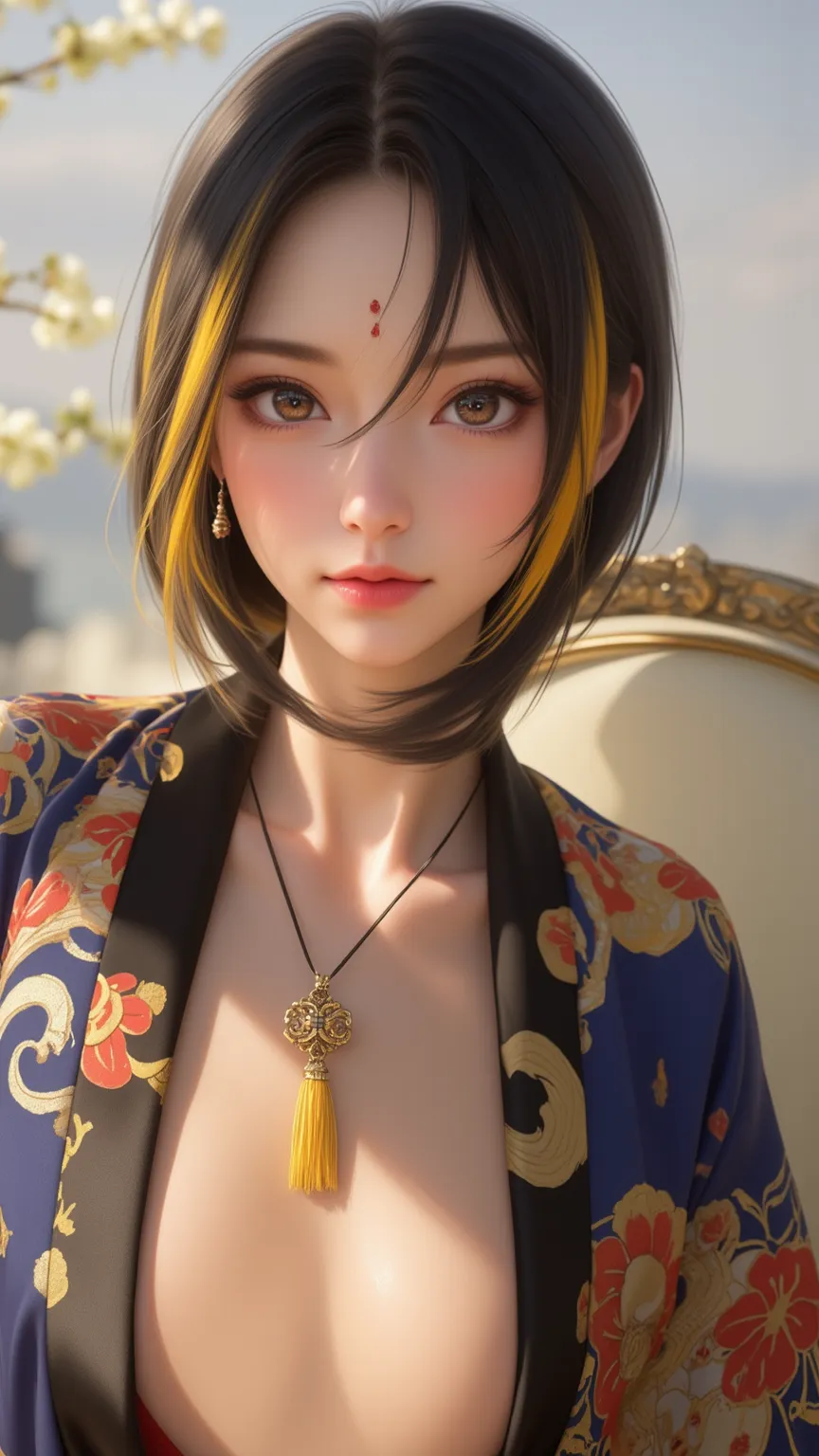 An adult Seeborg woman showing elegance and charm，has striking brown eyes and diamond-shaped pupils，Wearing a short kimono，accentuates her slim waist and long lashes。Her black hair and yellow highlights give her a unique look。