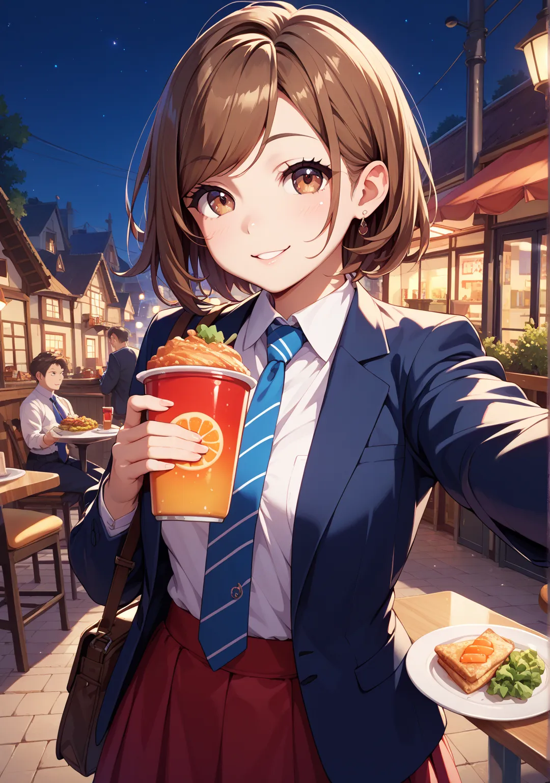 Selfie,one girl, suit, skirt,night,Town,short hair,brown hair, brown eyes, swept bangs,bag, Selfies,restaurant, tie, fat uncle,dinner,cheers