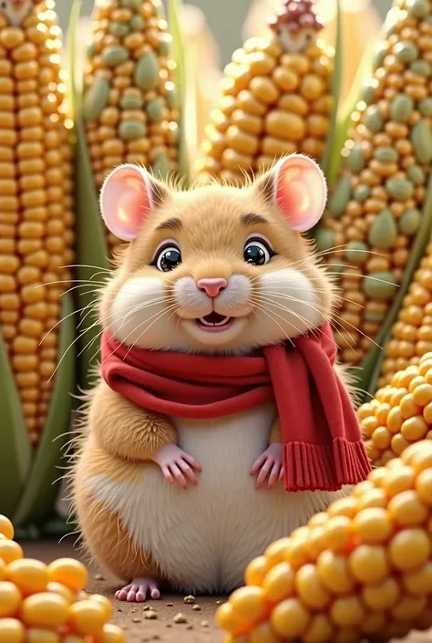 Create a highly detailed image of a charming, chubby hamster with soft, fluffy fur. The hamster features a distinct white spot on its belly that contrasts with its main color. It wears a bright red scarf around its neck, giving it a festive appearance. The...