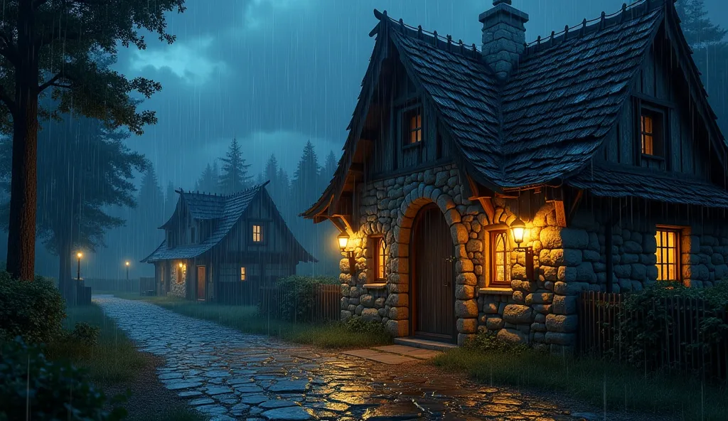 A cozy, rustic village scene at night during a very heavy rainstorm. The foreground features a stone cottage with a wooden roof, warmly lit by glowing lanterns on the walls, casting a welcoming ambiance. Rain pours down in thick, intense sheets, creating d...