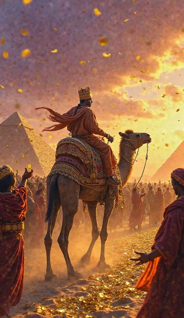 Create a vibrant, surreal scene of Mansa Musa riding a camel through a desert, surrounded by endless caravans of gold bars, jewels, and silk. The sky is a mix of deep purples and golds, with Egyptian pyramids blurred in the background. Servants toss gold c...