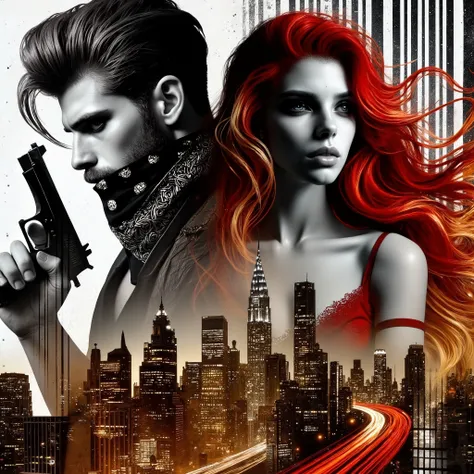 (EXTREMALLY DETAILED, vibrant glow Red-gold-black colors Vibrant triadic colors Для обложки страстного романа, professional photo, Cool brutal cheeky massive 35 year old man in a leather jacket looking at the camera and a redhead flirting woman, double ex...
