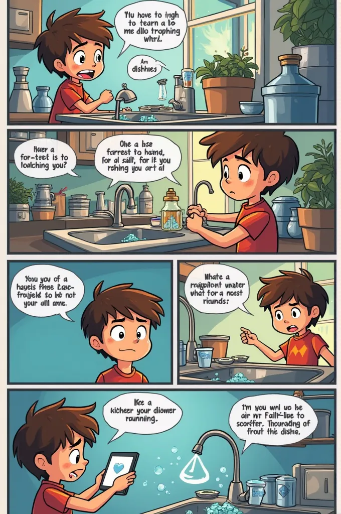 Panel 1
 
Image: A cluttered kitchen sink overflowing with dirty dishes. Water is running constantly, forming a small puddle on the counter.  A young boy, let's call him Alex, stands beside it, looking overwhelmed.  He has a slightly stressed expression.
 ...