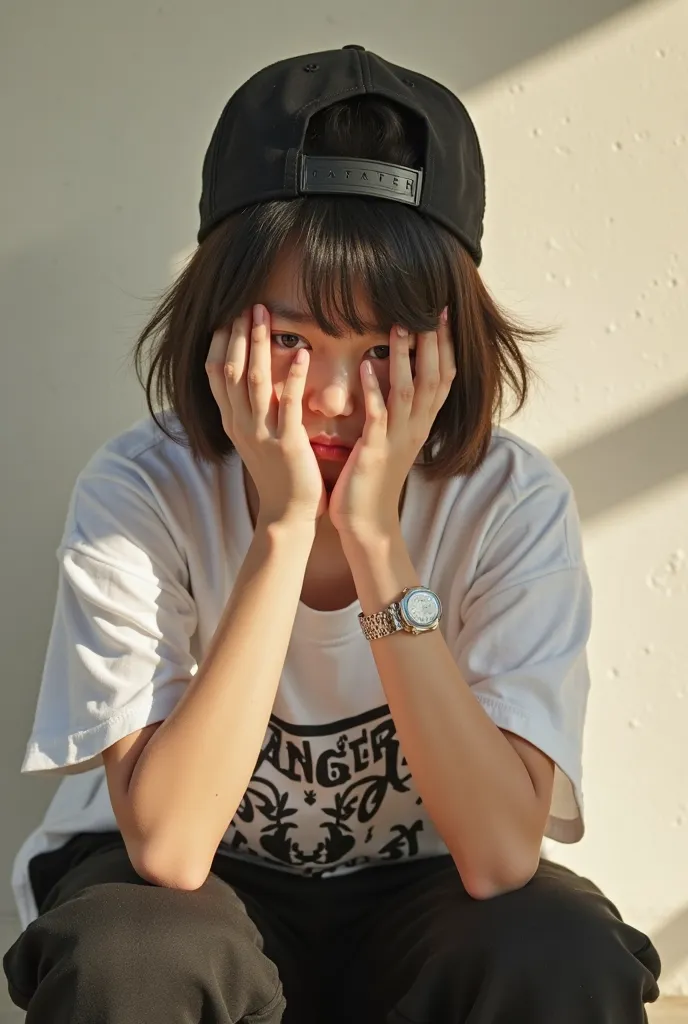 Aesthetic young asian boy, straight hair, side bangs, white skin, baggy white t-shirt, black baggy pants, posing nonchanlant, cool, (gangster print, backwards cap), face covered with hands, sunlight, warm filter, silver accessories.