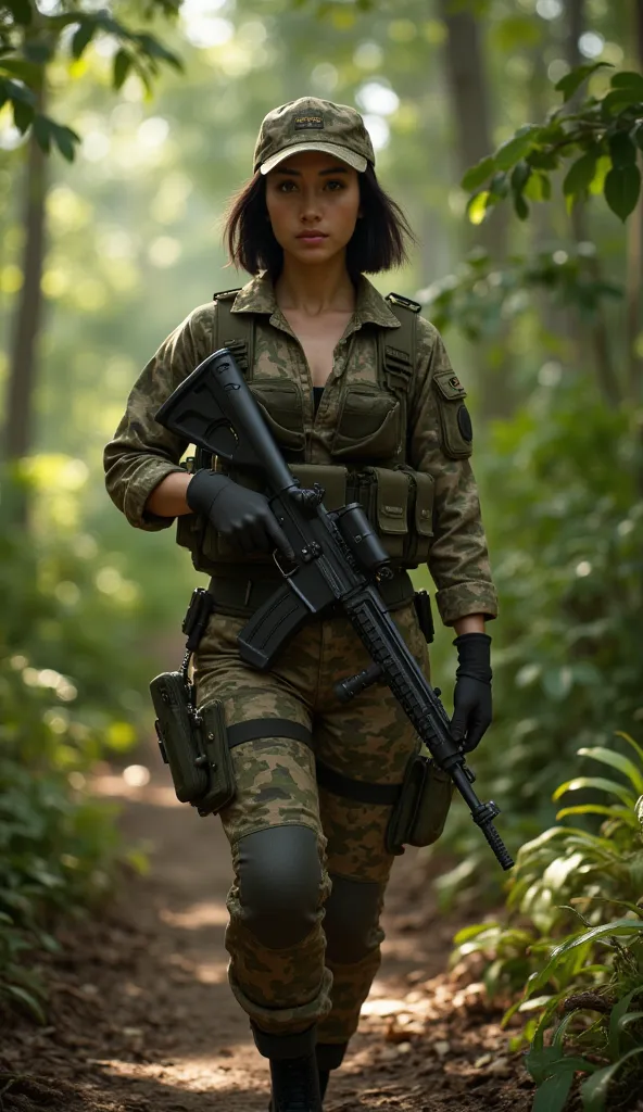 A stunning 20-year-old Kazakh mercenary strides confidently through the dense tropical jungle, sexy and big boobs, her presence both commanding and graceful. Her captivating face, with sharp cheekbones, deep brown eyes, and full lips, carries an expression...