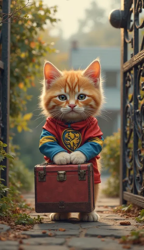  kitten (kitten cat orange, cute, dressed like power ranger) with a sad face carrying a suitcase bag, out the gate of the house