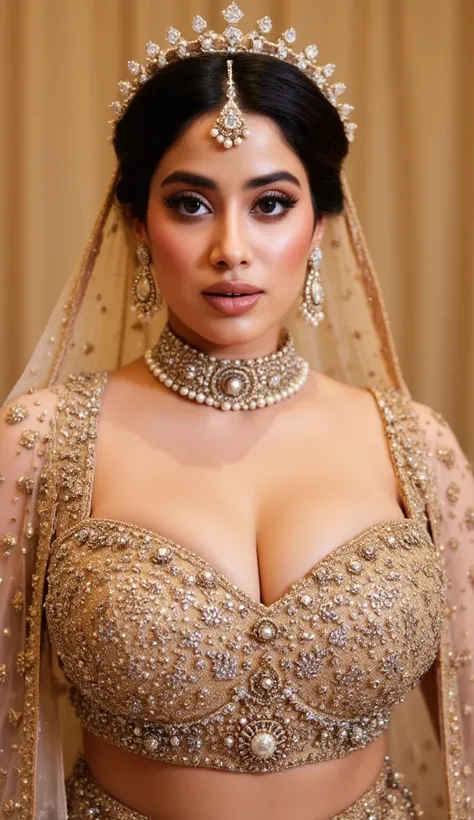 Sexy indian curvy bhabhi with big massive cleavage and huge breast,dressed in a traditional Indian bridal lehenga choli.  The choli features a low-cut, embellished V-neck with intricate embroidery, sequins, and beads in muted gold, rose, and beige tones. T...