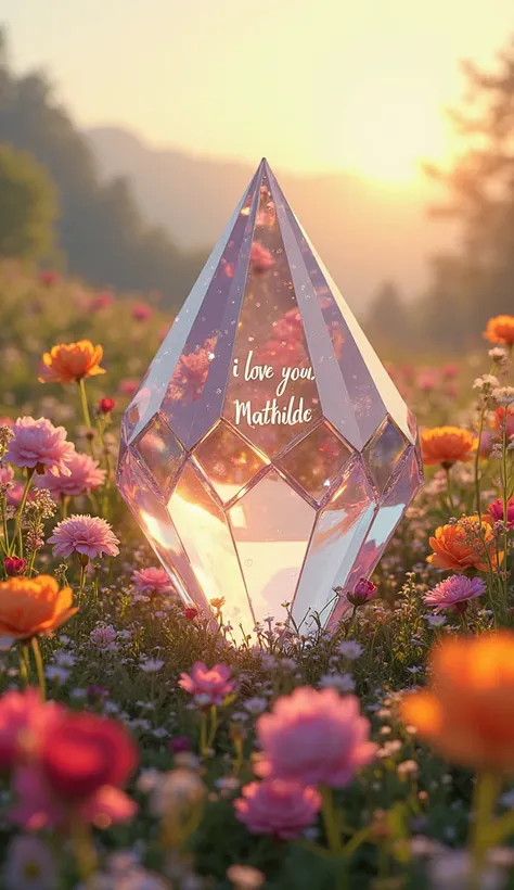  creates an image with a very beautiful background ,  background like a field of flowers、and there is a sculpture in the center that looks like a diamond " I Love You、Mathilde "