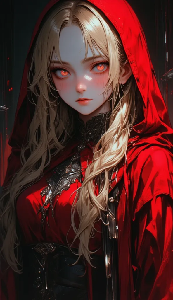 (masterpiece), Young vampire, long blonde hair, detailed eyes, orange eyes, detailed hair, makeup, blush,  with a red robe that covers the face, cowboy shot,  (the best quality:1.4), (ultra high resolution:1.2), vibrant colors,  dynamic posture , dark fant...