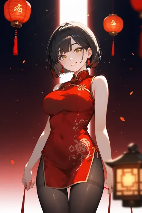 1 Girl, dark hair,  short hair, golden eye,  bob cut, Full Bangs,  Ancient cheongsam, red cheongsam， big boobs,  Smile,  blush, Thigh gap, pantyhose, backlit,  black pantyhose ,  red lantern ，red background, (Skin indentation :1.2), Curvy Beauty, spotlight...