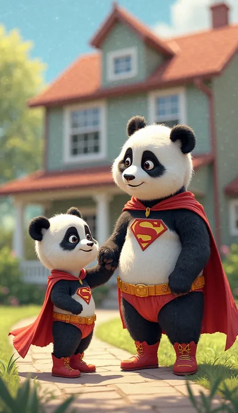 Panda boy  (dressed super hero) Ask Mother Panda (dressed super girl), in front of the house 