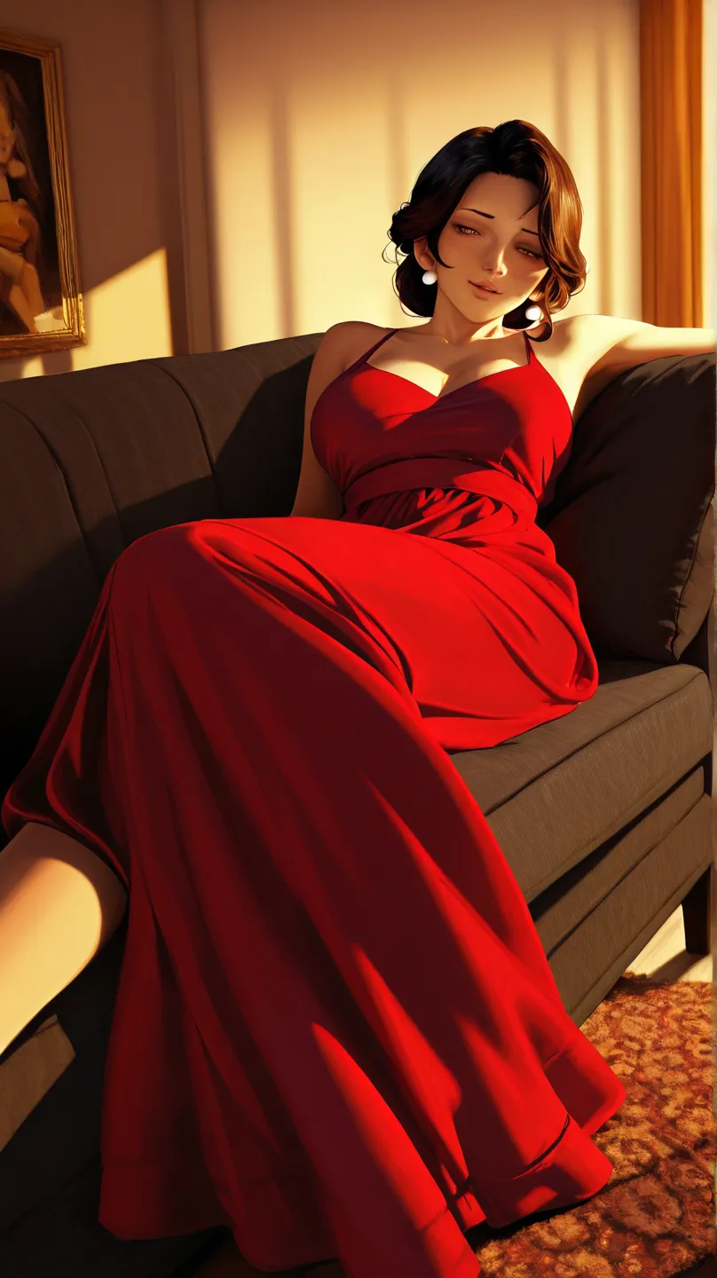 a mature woman lying on the sofa, detailed facial features, relaxed expression, long elegant dress, soft lighting, plush velvet sofa, cozy living room interior, warm color tones, photorealistic, 8K, studio lighting, physically-based rendering, professional...