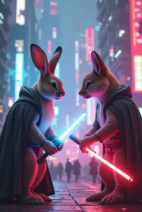 "((Masterpiece, highest quality, High resolution, photorealistic, Raw photo, Extremely detailed CG unified 8k wallpaper)), Brave Rabbit vs. Cunning Fox: Duel of Destiny, They are staring intensely at each other, wielding glowing energy swords, Jedi Rabbits...