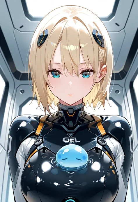 1girl,cyborg girl, expressionless,extremely simple, mechanical design, glamorous style, metallic luster, artificial exterior on the front of the body made of transparent plastic, focus on the upper body, gel is inside the cyborg girl as a shock absorbing m...