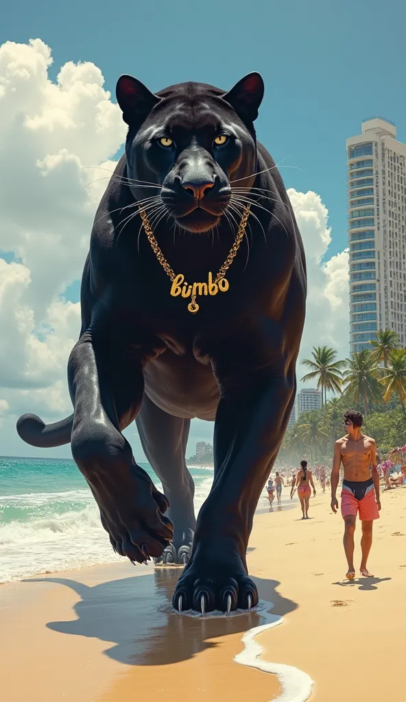 top photo, Colossal and gigantic black panther wearing a necklace with the name  ((Bimbo)) Walking on the sand of Copacabana Beach, People looking amazed at the size of the Black Panther 