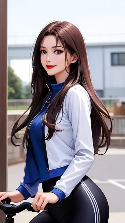 woman , long hair brown, normal, dark, she is solo, from alternative world ,best quality, realistic, cycling (full dark blue color) suit and cycling sports black shorts, she is stand , smile, red lipstick , 