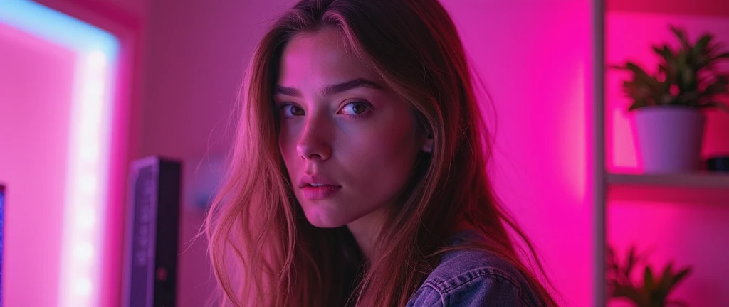 Young French gaming woman with long brown hair positioned sideways for a twitch banner with pink led background