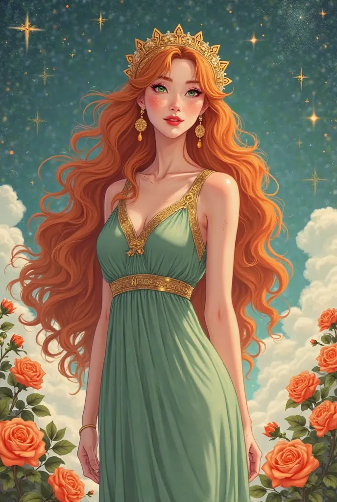 Create an image in the Korean manwha fanart anime style with a very beautiful woman in her 30s, green eyes and a lot of very long hair, very curly orange with bangs on her face with a little freckles on her cheeks, with a very voluptuous body and very larg...