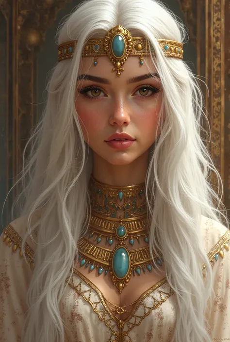 A young Egyptian princess with long white hair, with dark brown eyes and slightly thick lips. It has eyeliner