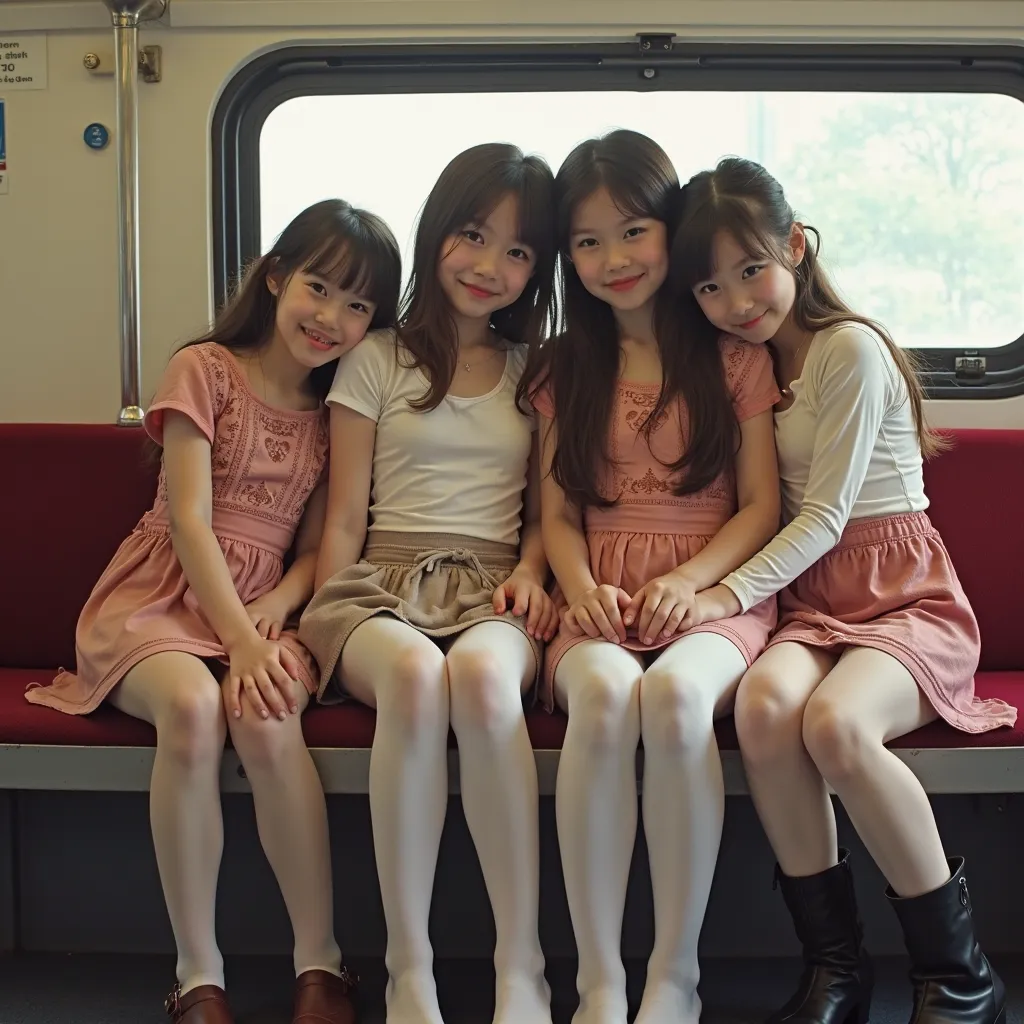 four arabic 8years girls sitting on train seat, View Photographer, whole body, (Smiling at the photographer), tight skirt, High boots, Clothes that show the open chest、Thin and long elbows、(wearing a open breast top, mini skirt, white pantyhose), (Plump br...