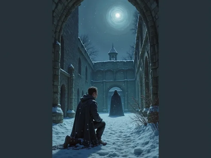 man kneeling and scared in a medieval courtyard during a dark moonlit night, Covered in snow, he watches a hooded man in the distance,  hidden in the shadows 