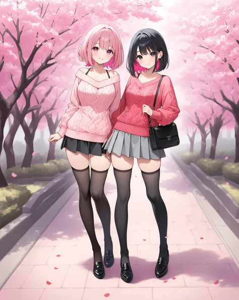 Standing in front of a cherry tree、 Petals dance 、black hair with pink hair inner color、plain round neck knit、coral pink 3/4 sleeve short sweater、gray miniskirt、black knee-high socks、Thick-soled shoes、Wear a black shoulder bag