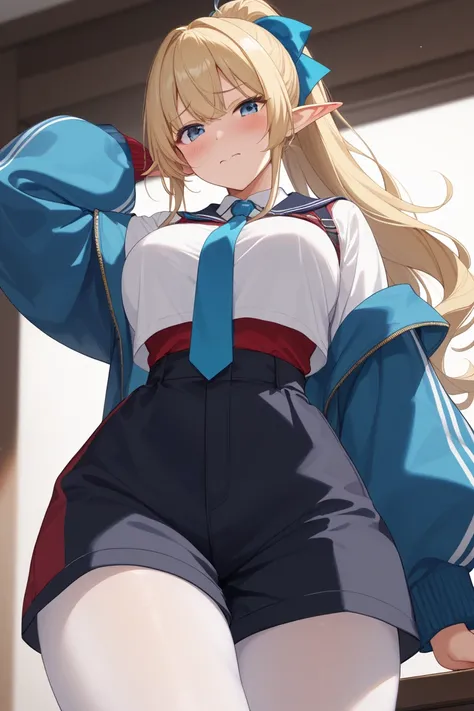 Elf、 Gold、Blue Eyes、ponytail、Oversized ribbon 、Embarrassed、low angle、white shirt、sailor color、 Long Sleeve、Puffy Sleeves、blue tie、 black pants 、shorts、 High Waist Pants 、 white pantyhose、Navy Jacket、blue jacket、Gradient Sleeves、Red Sleeves、 Long Sleeve、Puf...