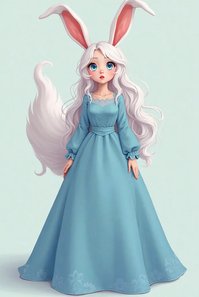 create an image of a girl with bunny ears, long wavy white hair, light pastel skin, blue eyes and red lips, a long blue dress with long sleeves that tightened at the bust, a long and very large tail that peeked out from under the dress