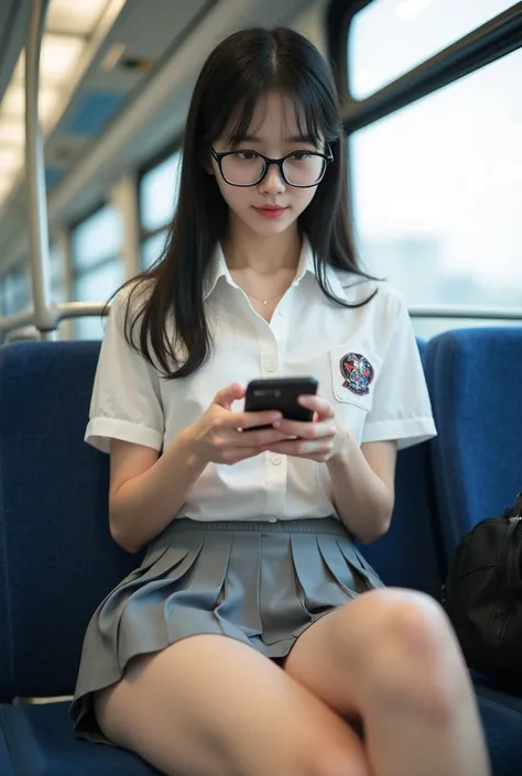 RAW full body photo, (wide lens View Effect: 1.2), front bottom view, 20-year-old gravure model, perfect body, 1 woman, most beautiful Korean woman, daily look, Korean beauty model, beautiful woman, big eyes, viewer, woman sitting on a train chair. Look at...