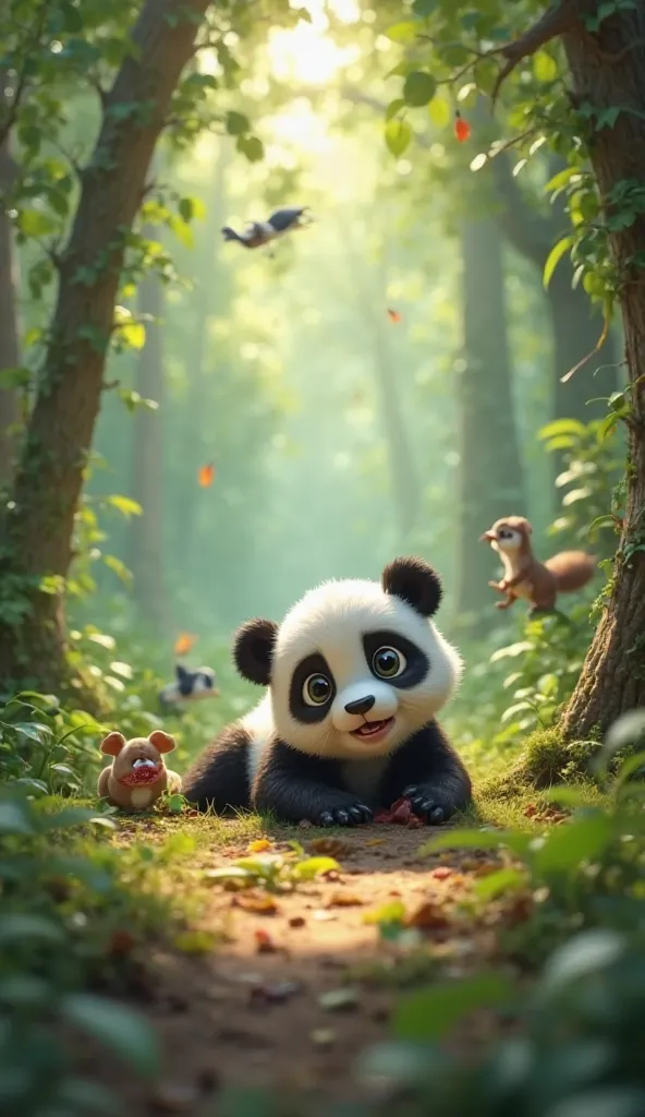 3D Pixar-style aesthetic, a lush green jungle with tall trees and thick foliage. A small baby panda is lying on the ground, its tiny front paw injured with a small cut and a few drops of blood visible on its white fur. Its big, teary eyes show pain and fea...