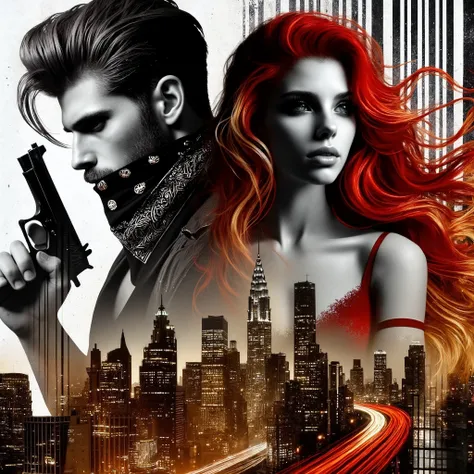 (EXTREMALLY DETAILED, vibrant glow Red-gold-black colors Vibrant triadic colors Для обложки страстного романа, professional photo, Cool brutal cheeky massive 35 year old man in a leather jacket looking at the camera and a redhead flirting woman, double ex...