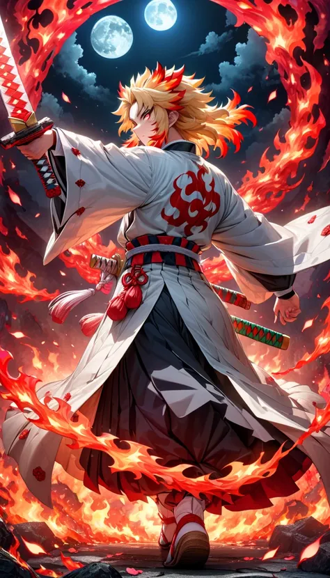 very detailed, high definition, absurd, high definition,  masterpiece, Rengoku Kyojuro, blonde, Expressive gold (Konjiki)Eyes(Hitomi),  white coat with flame pattern, 黒い Demon Slayer の制服,  Demon Slayer ,  fantasy, petal, Red Flower,  foreign, sexy man Grab...