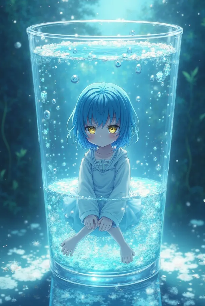 Anime girl with blue hair and yellow eyes sitting inside a glass cup filled with water with empty eyes 