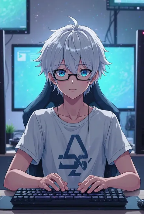 can you make anime me an 2o year onld gammer boy who has hhite hair blue eyes and wearing a glasses where he is sitting infront of his gamming setup 
