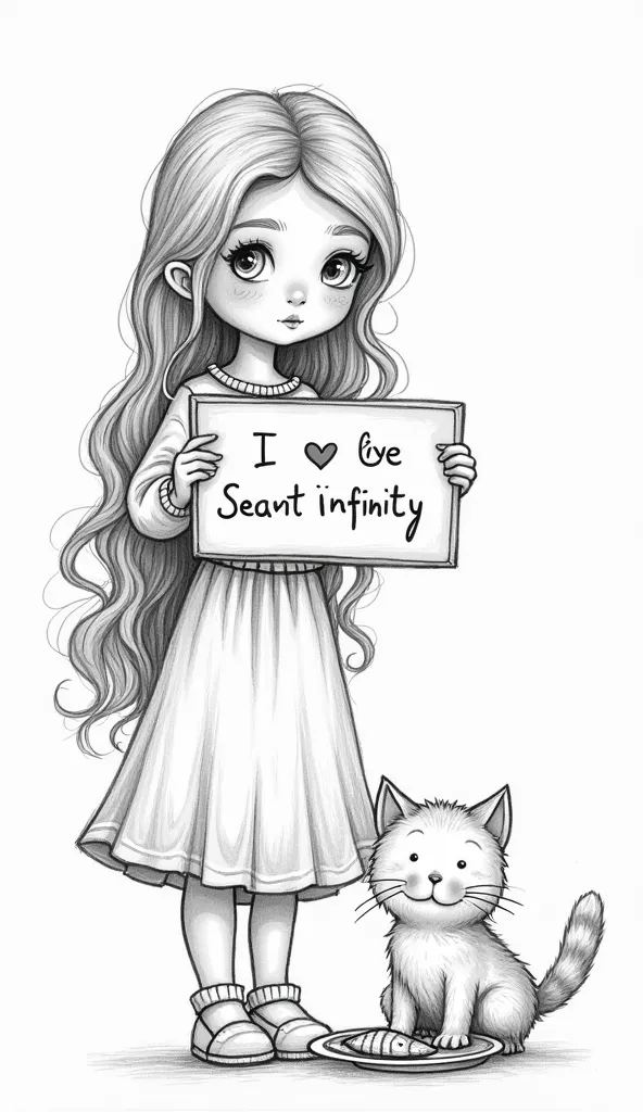 Beautiful girl with wavy long hair, bohemian dress, holding a white board with text "I Love Seaart Infinity" and showing it to the viewer"A simple, black-and-white doodle drawing of a cute, curious cat looking at a fish on a plate. The drawing should look ...