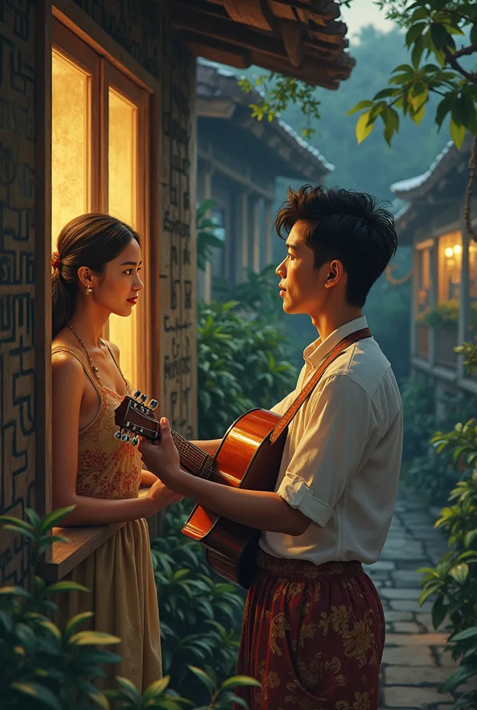 a traditional filipino courtship , the man is singing with his guitar outside the window , while the woman is looking through the window watching him perspectively, the view is over the shoulder