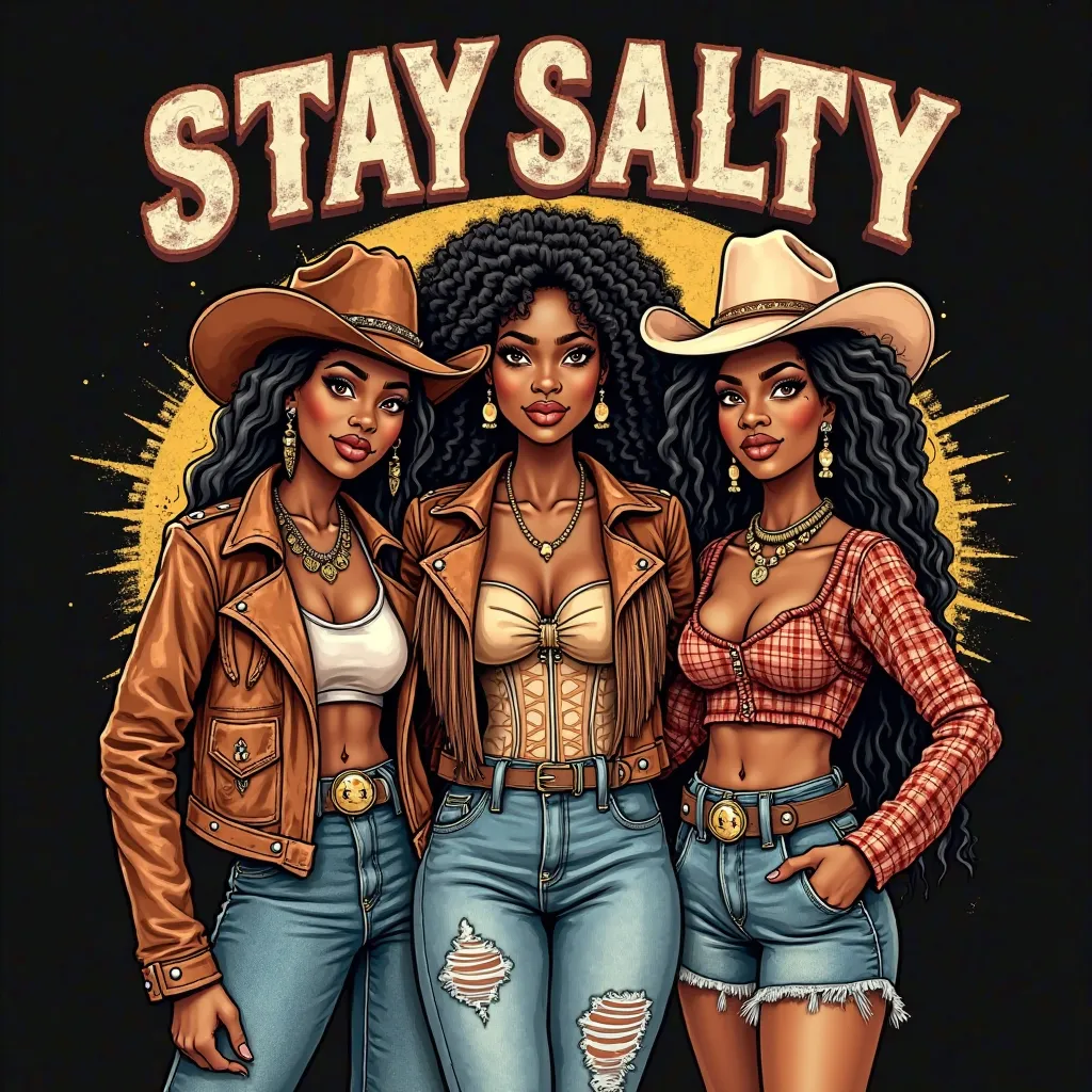 "Hand-drawn illustration on a black background, featuring three stylish Black cowgirls standing together, exuding confidence, strength, and sisterhood. Each woman showcases a unique Western-inspired look, wearing detailed cowboy hats with vintage distressi...