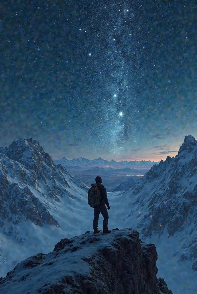 a person standing, up mountain view at night full of stars