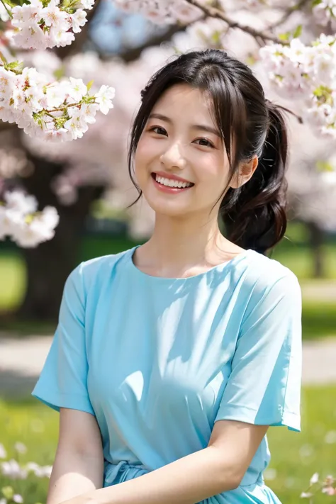 「A 35 year old cute Japanese woman。has dark hair up to her shoulders blowing in the wind、has a bright smile。She has small breasts、She is casually wearing a white t-shirt and light blue denim。At the spring park、She sits under cherry blossoms in full bloom、i...