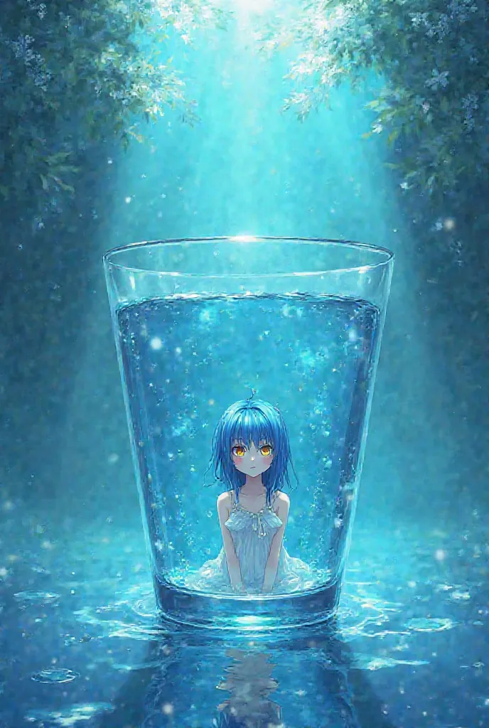 Anime girl with blue hair and yellow eyes sitting inside a glass cup filled with water with empty eyes 