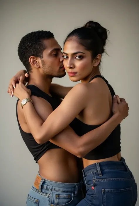 (1boy, 1girl) malavikam in her black cropped top and below waistline jeans, hugging an African man extremely tight, kissing her lips