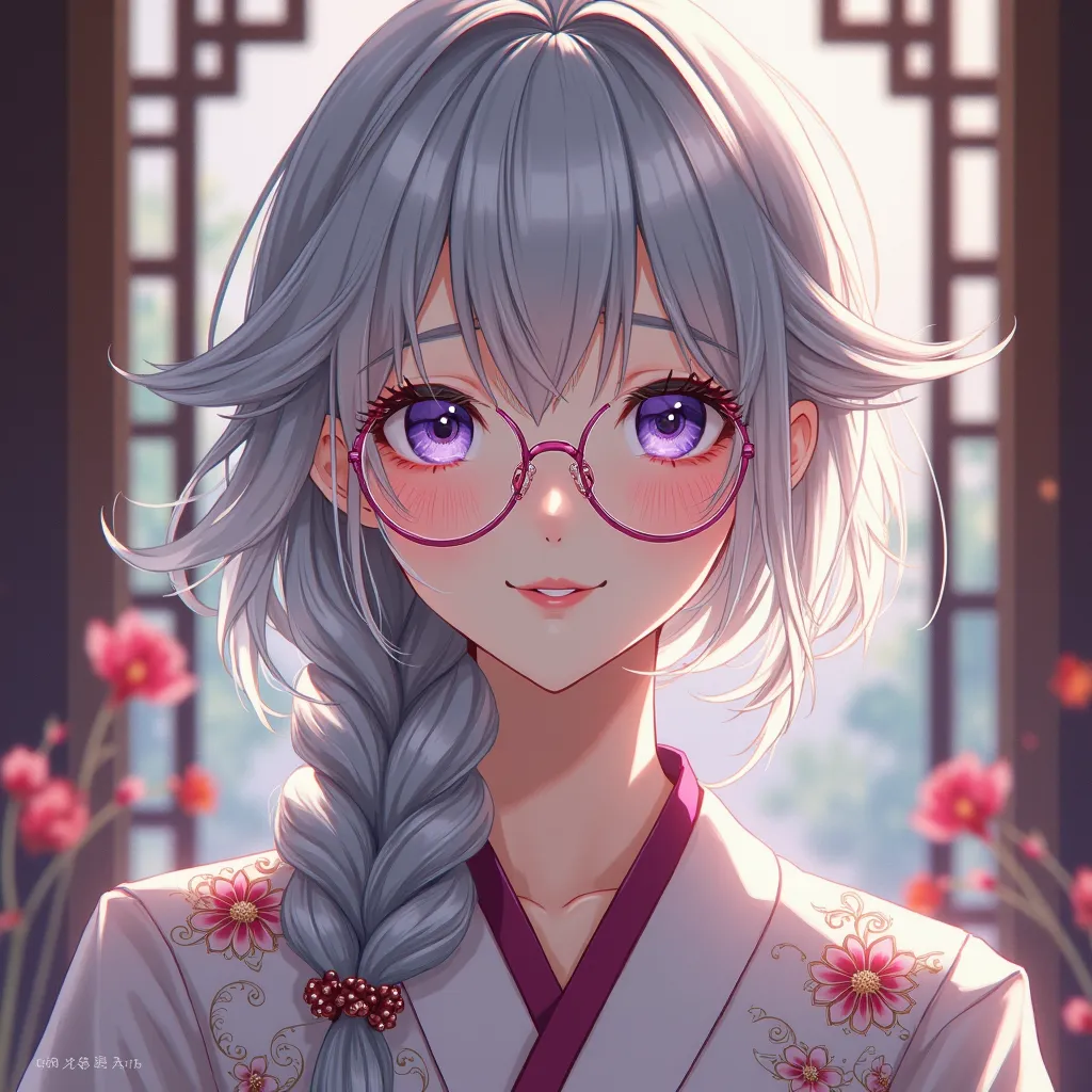 Silver Haired Single Braid,Light purple laughing eyes,transparent colored glasses, Chinese clothes,China window