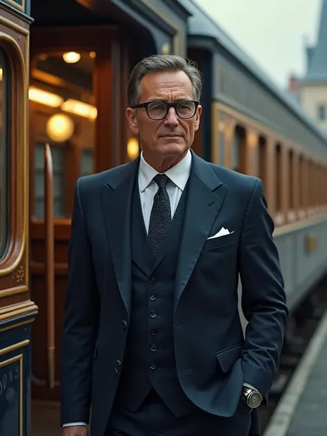 Gentlemen 35 years of age dark navy blue suit square framed glasses Boarding the Orient Express 