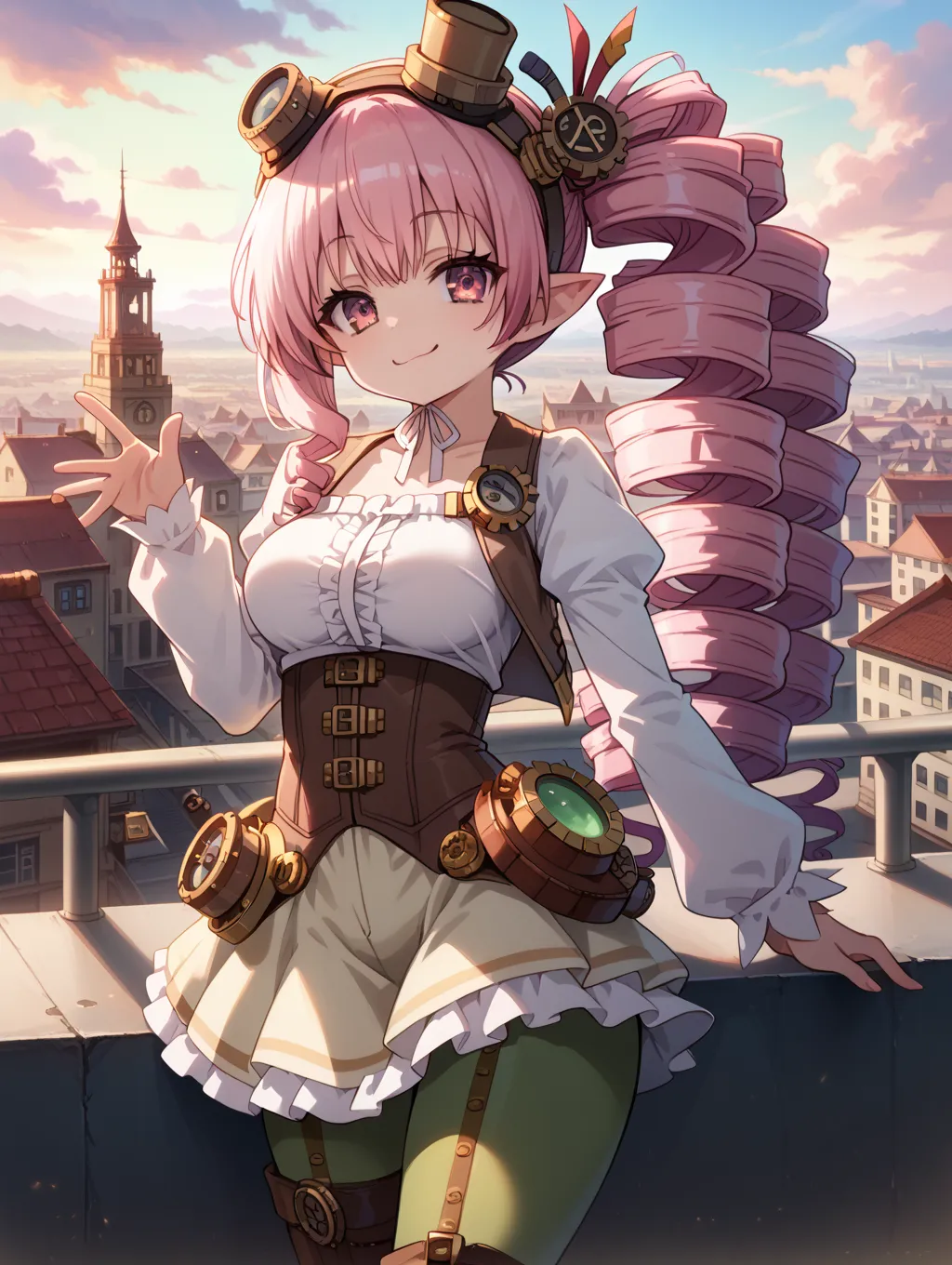  Score_9, score_8_up, 4k, 8k, detailed face, ,  anime goblin oppai loli, , green skin, pointy ears,big breasts, ,pink hair, drill hair, side ponytail,  lewd face, huge ass,    , , cowboy shot ,    boots,   looking at viewer,, pink eyes ,very detailed eyes,...