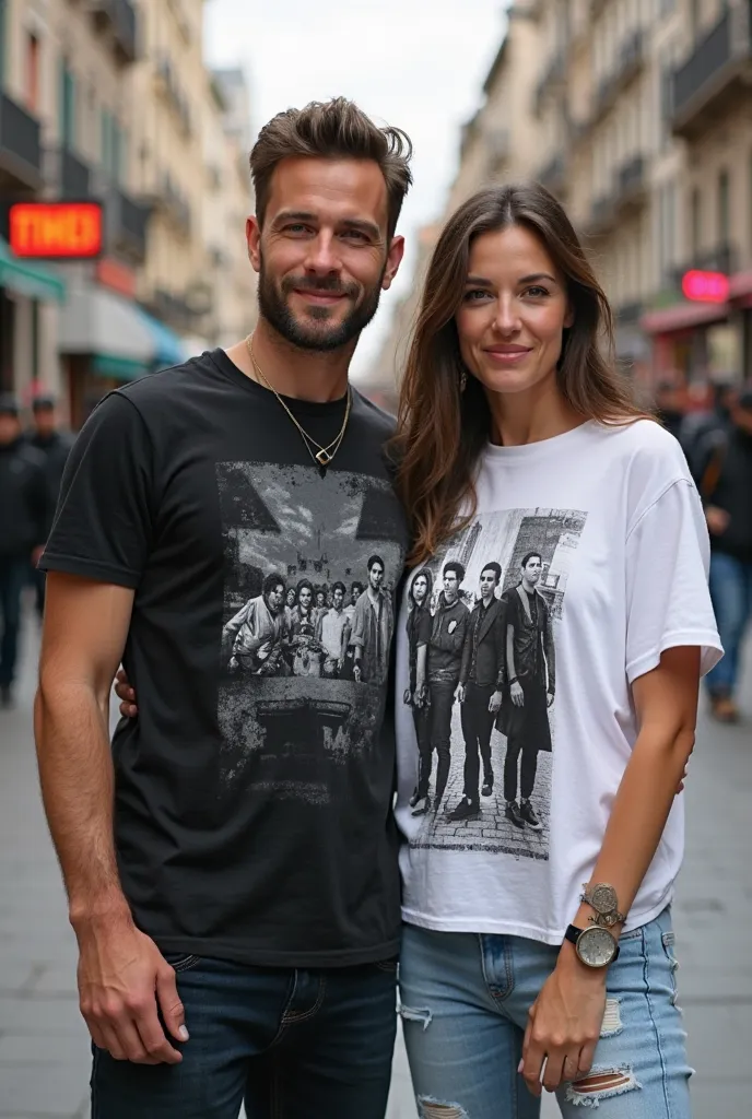 "An American man wearing a black graphic streetwear T-shirt stands confidently beside a European woman wearing a white band-printed T-shirt featuring a hip-hop group. They both have a casual, stylish urban look, standing side by side in a modern city setti...